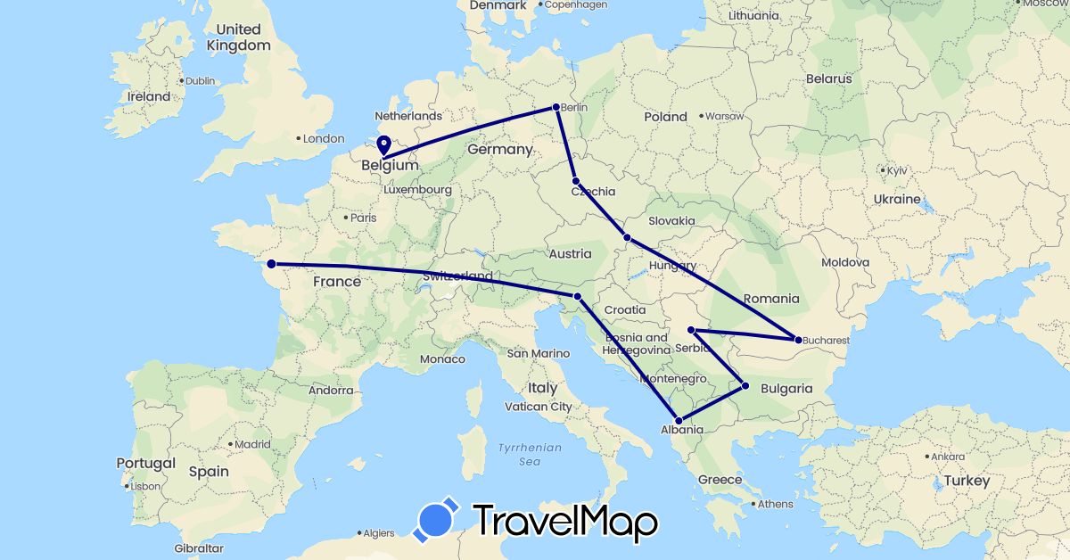 TravelMap itinerary: driving in Albania, Belgium, Bulgaria, Czech Republic, Germany, France, Romania, Serbia, Slovenia, Slovakia (Europe)