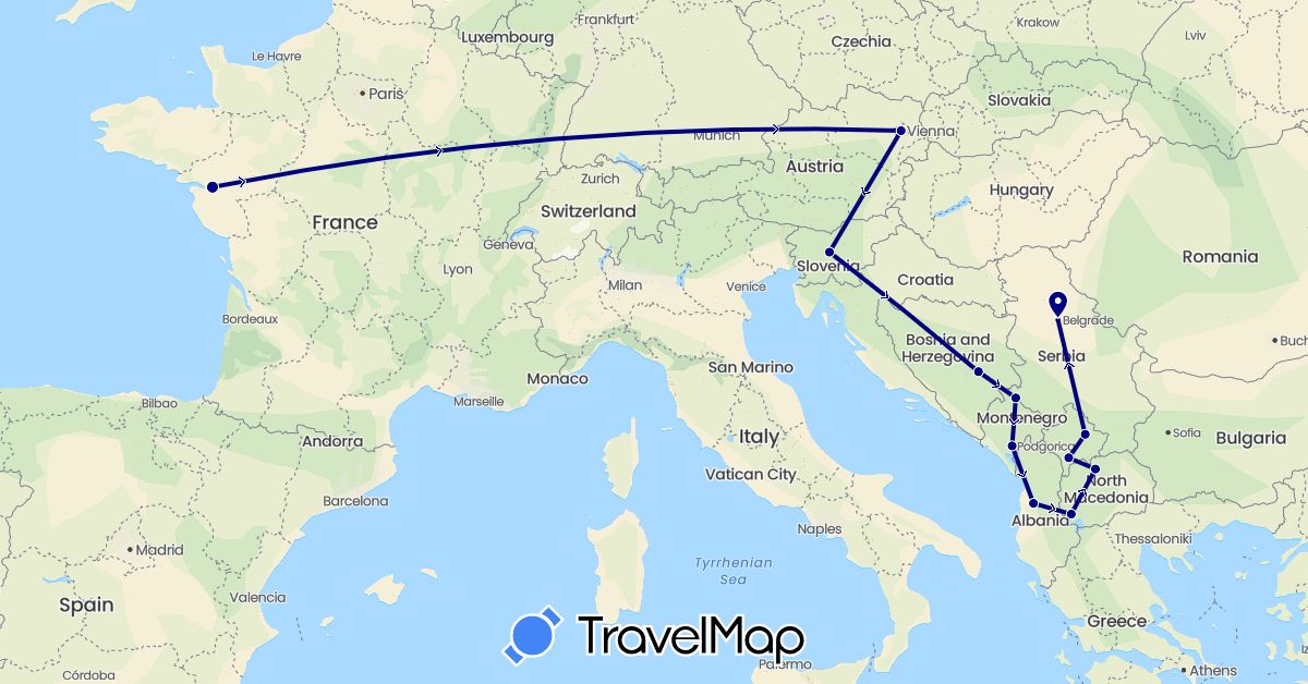TravelMap itinerary: driving in Albania, Austria, Bosnia and Herzegovina, France, Montenegro, Macedonia, Serbia, Slovenia, Kosovo (Europe)